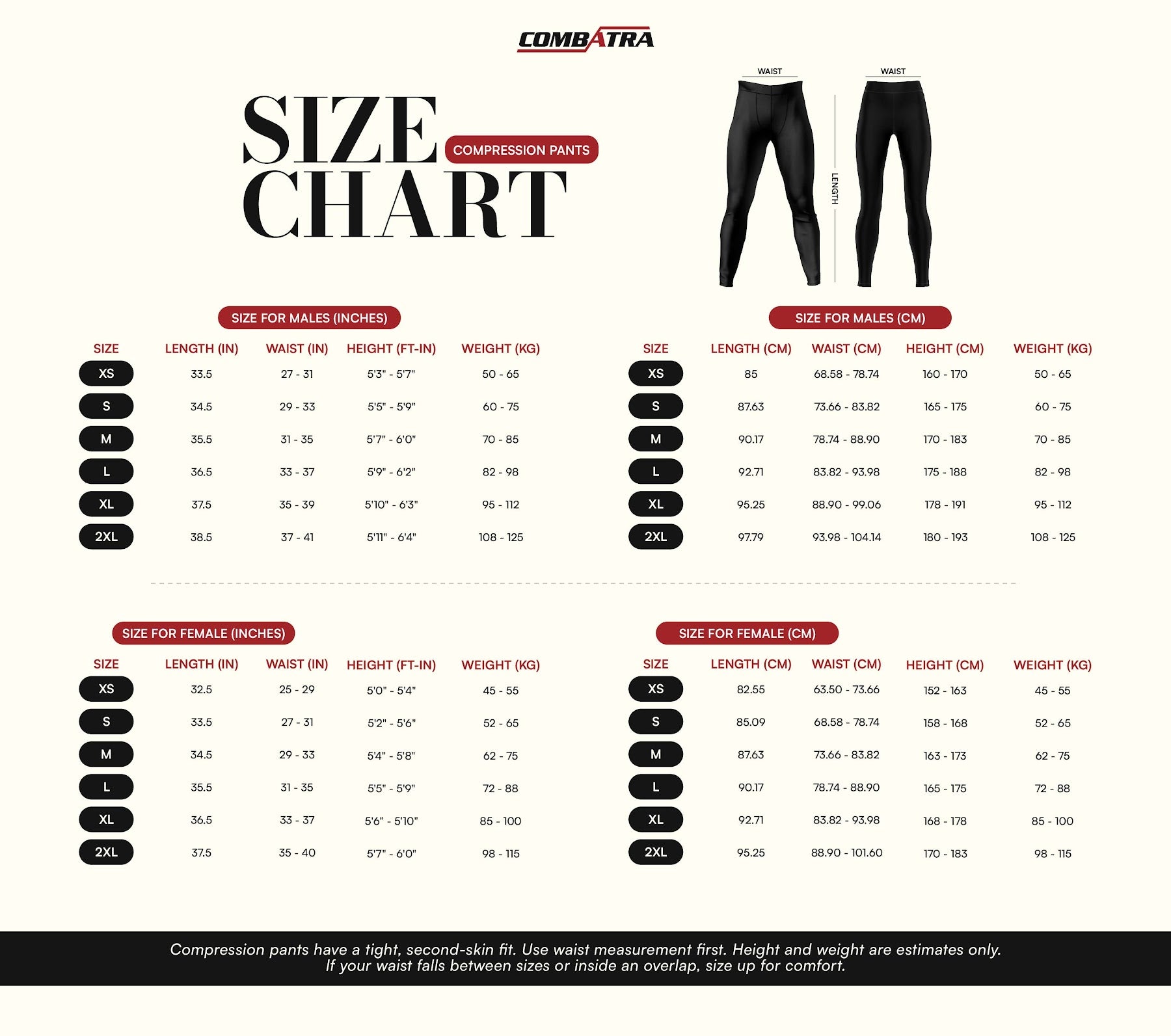 Feather Design Compression Spats | Combatra size chart
