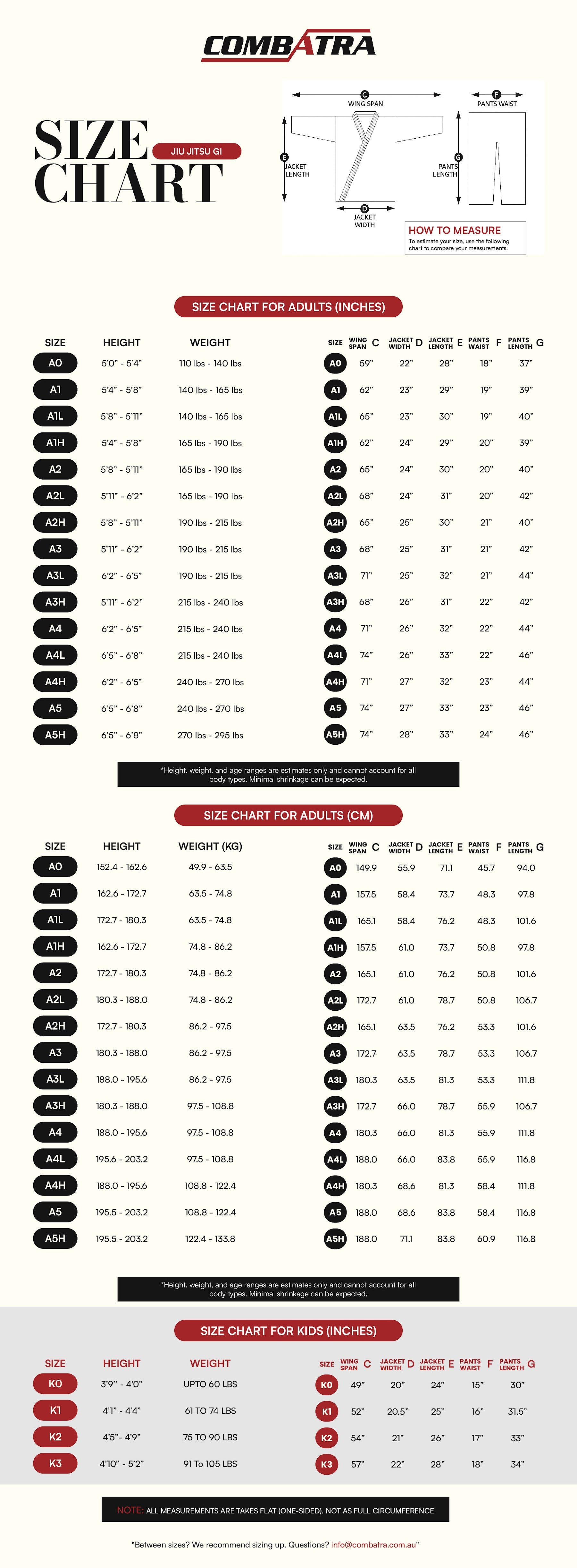 Chill Monkey Premium BJJ Gi | Combatra size chart