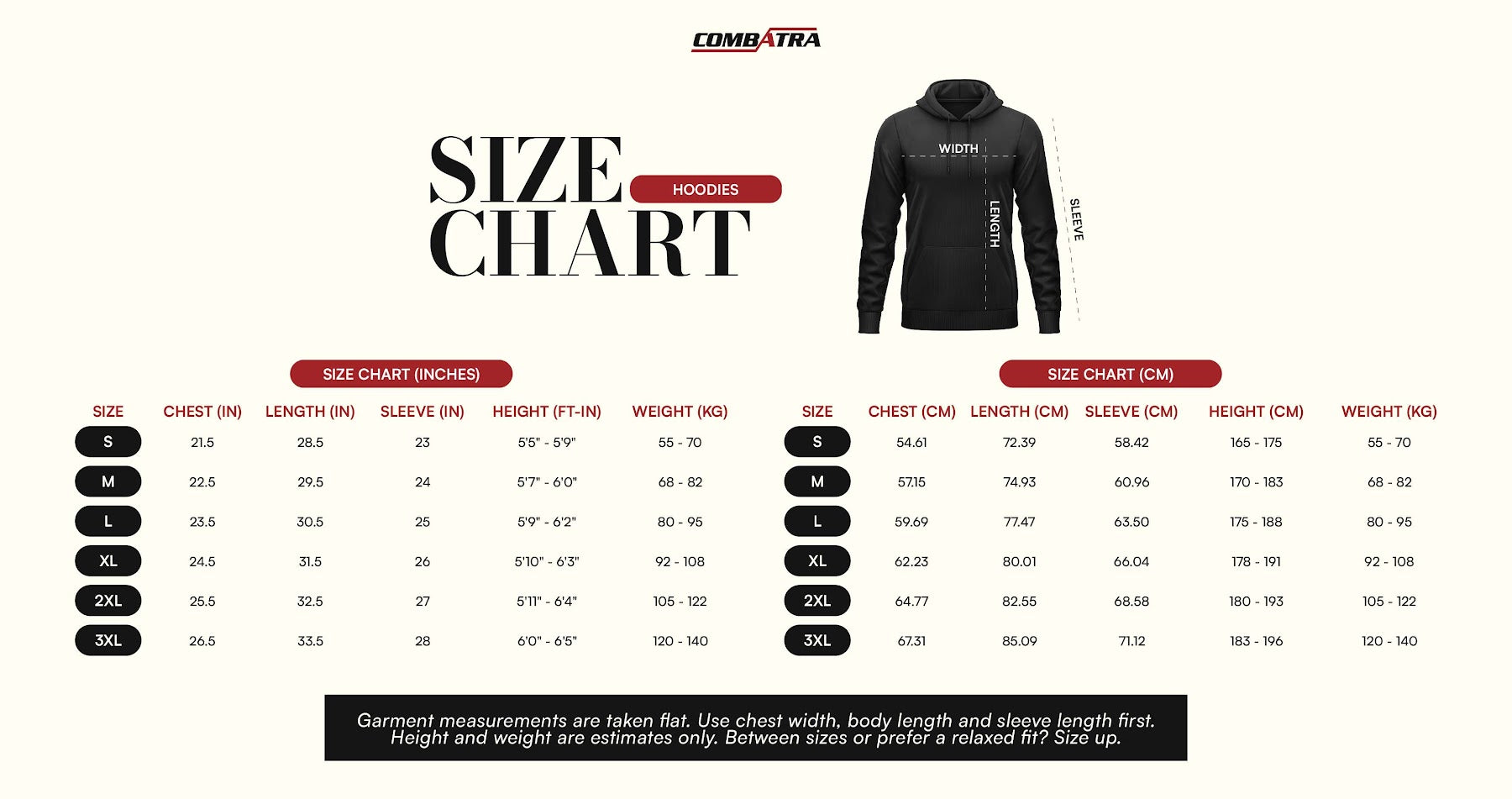 Anime Ascension Warrior Premium Hoodie | Combatra size chart