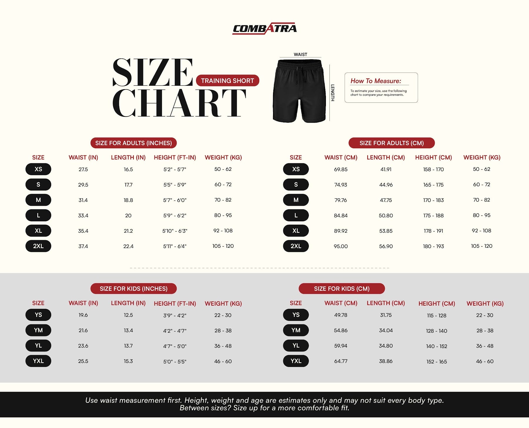 Bat Force Training Shorts | Combatra size chart