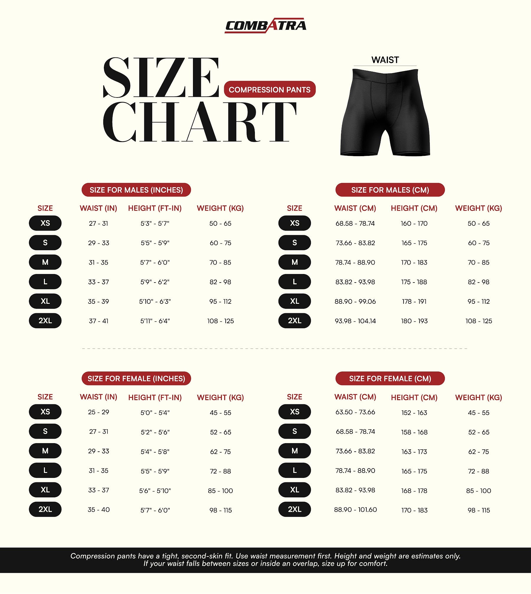 Custom Compression Shorts | Combatra size chart