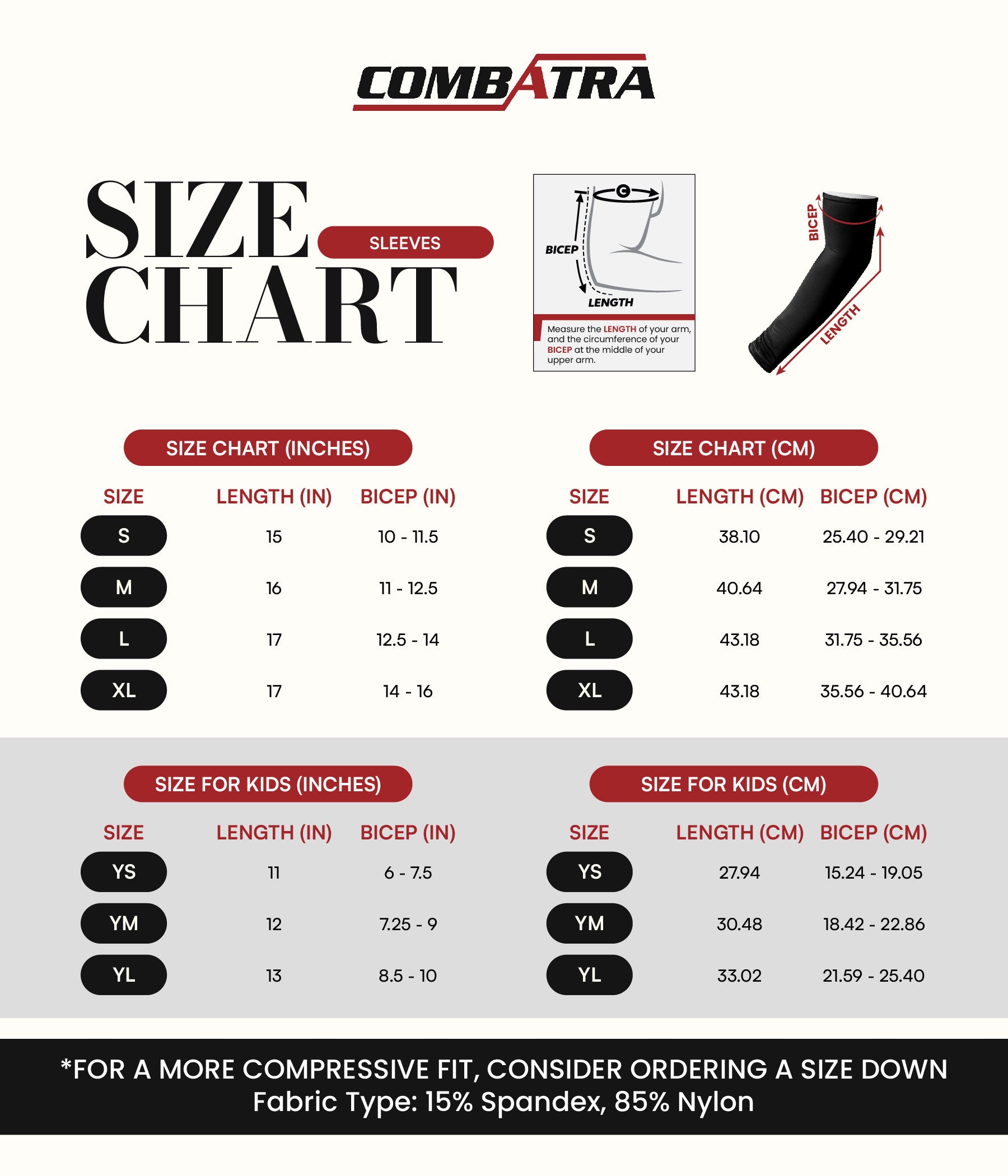 Design Your Own Compression Arm Sleeves – UPF 50+ | Combatra size chart