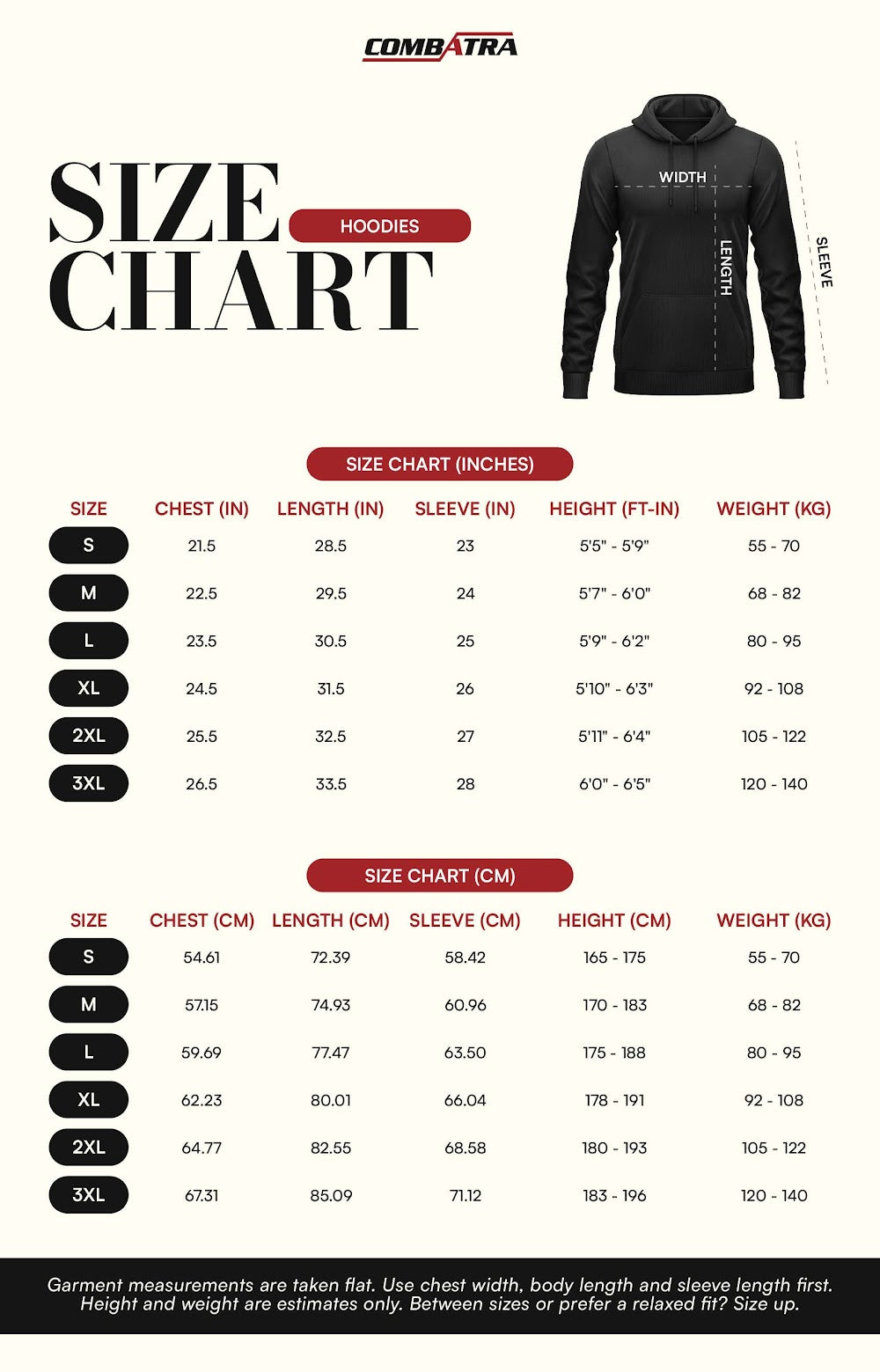 Power Tiger Graphic Hoodie | Combatra size chart