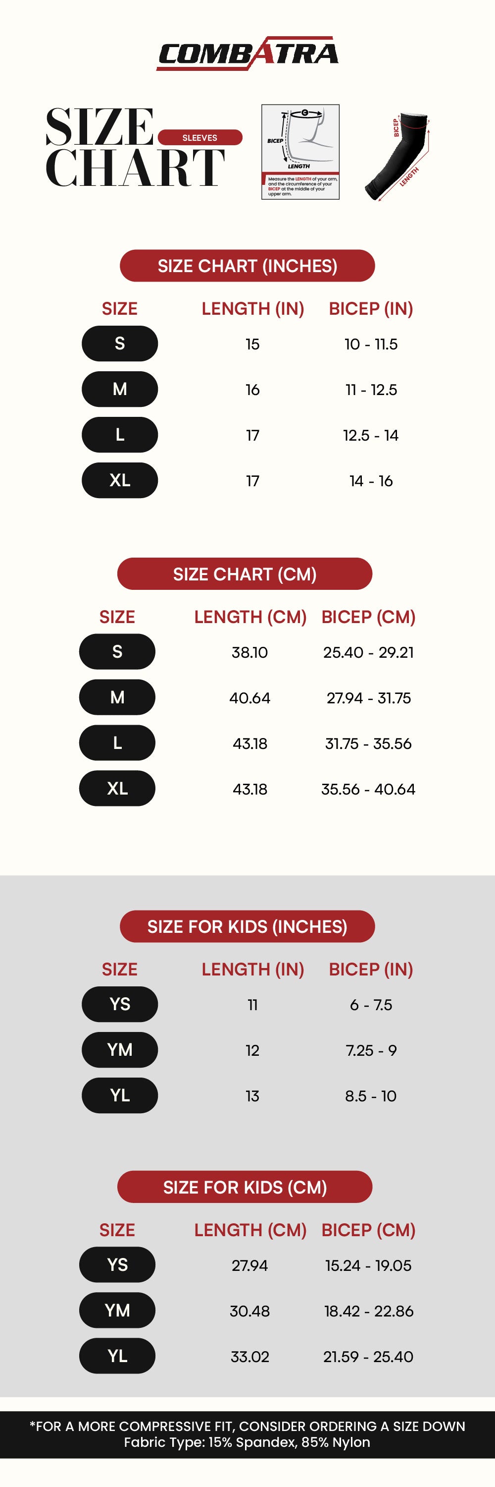 Design Your Own Compression Arm Sleeves – UPF 50+ | Combatra size chart