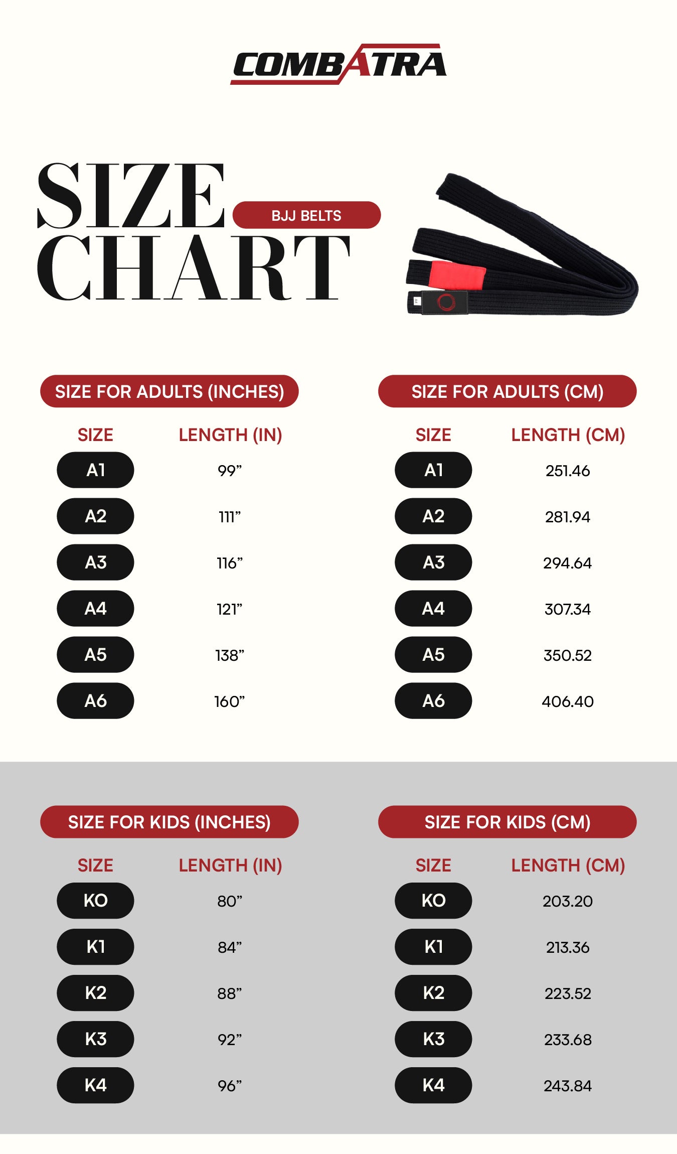 Premium BJJ Belt for Brazilian Jiu Jitsu size chart