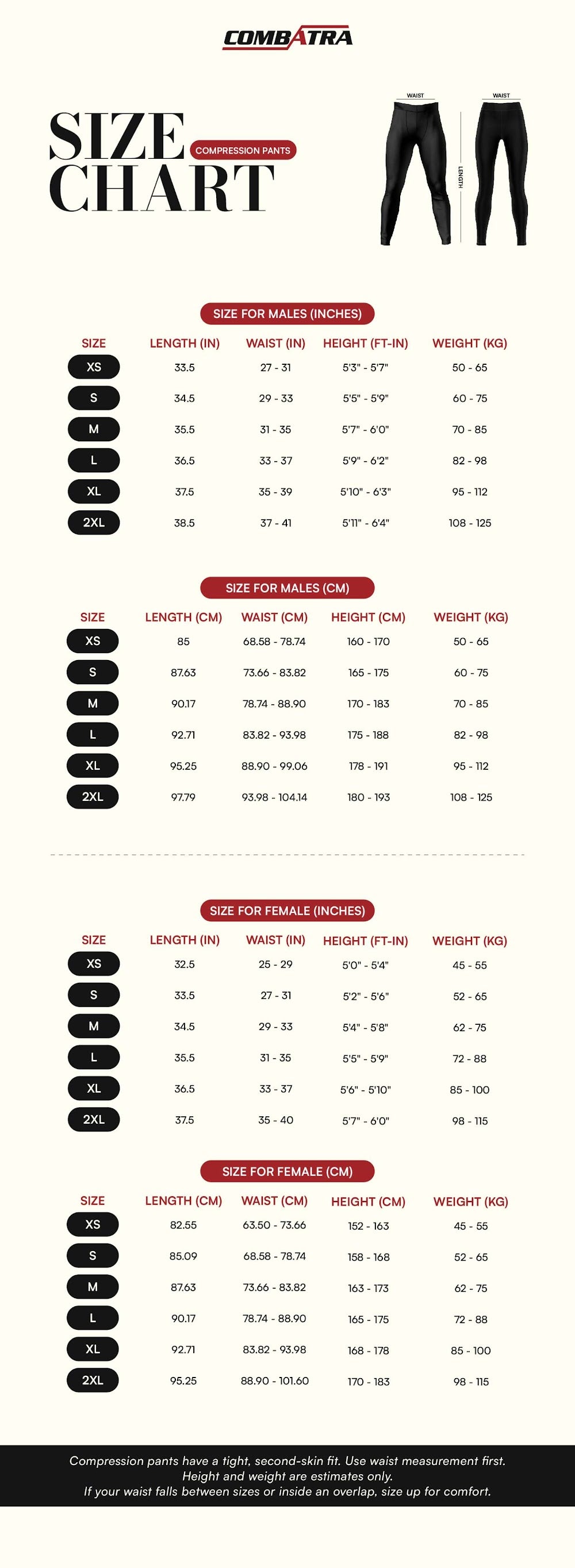 Fans Only Compression Pants | Combatra size chart