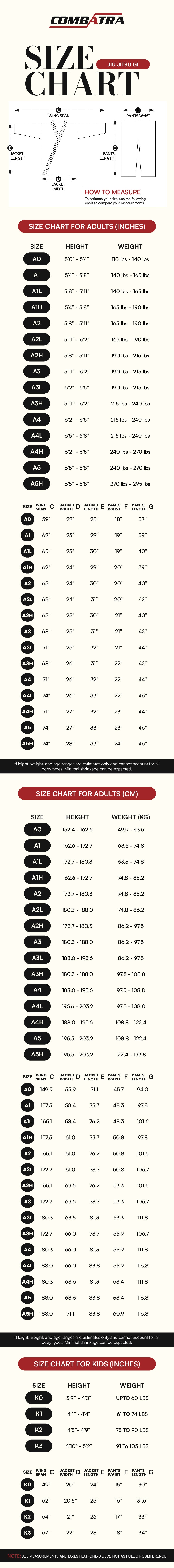 Plain Black BJJ Gi Pants | Combatra size chart