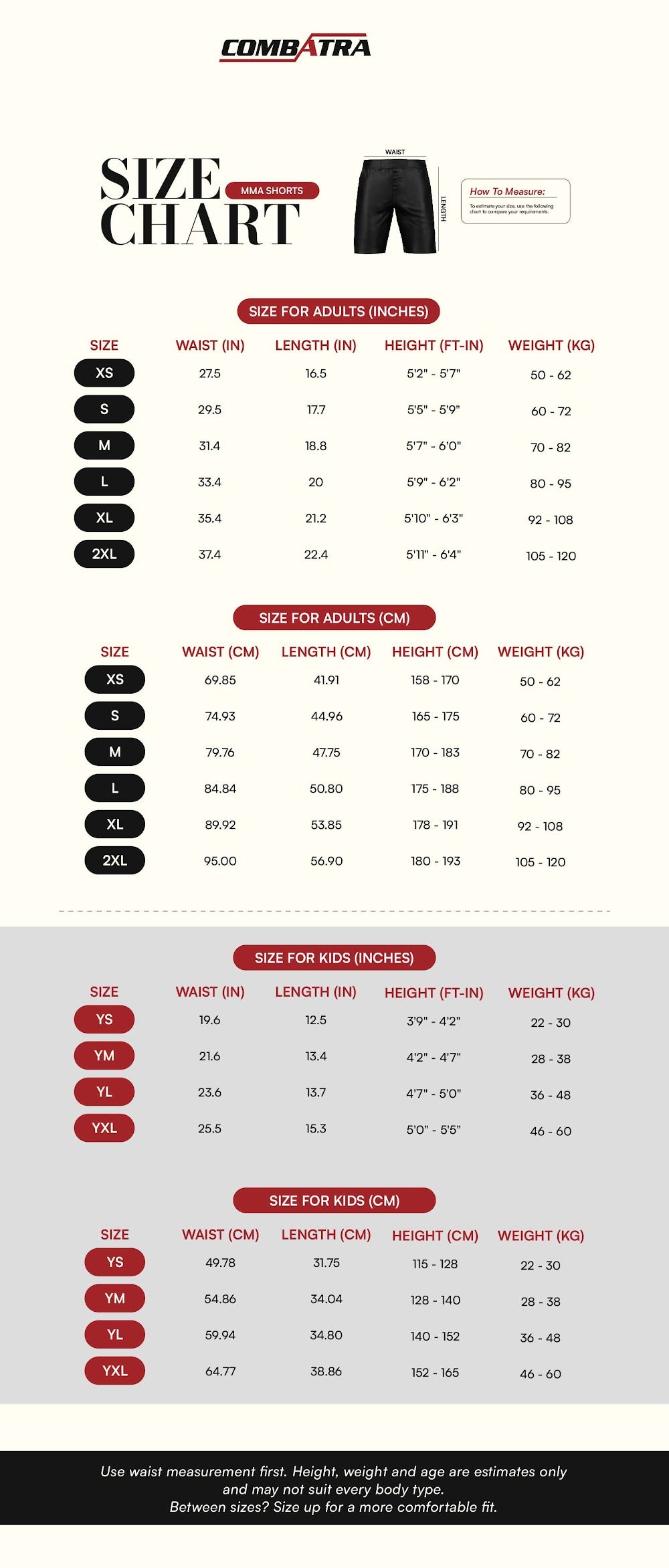 Aboriginal Flag MMA Shorts | Combatra size chart