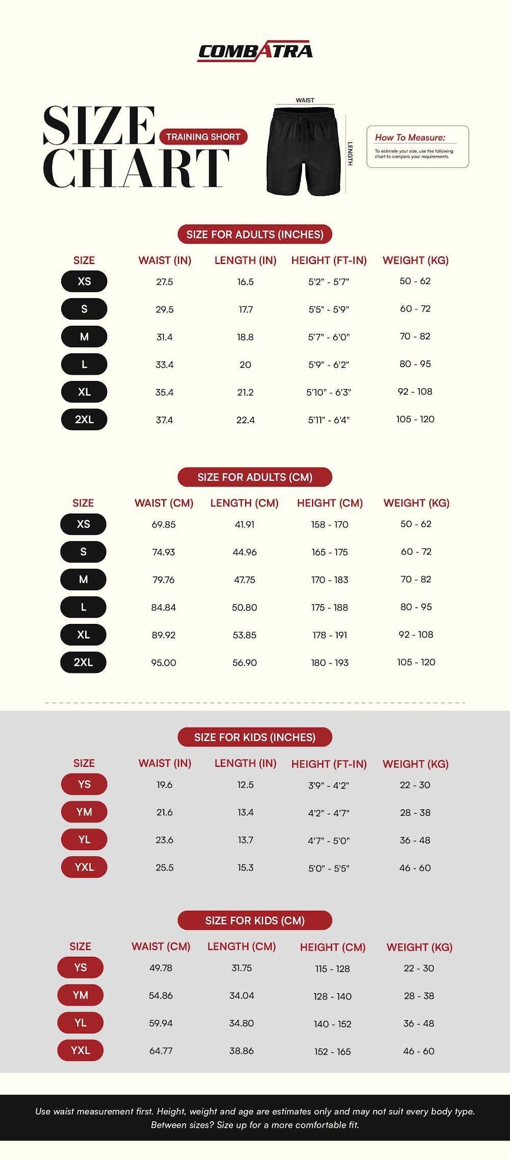 Aboriginal Flag Training Shorts | Combatra size chart