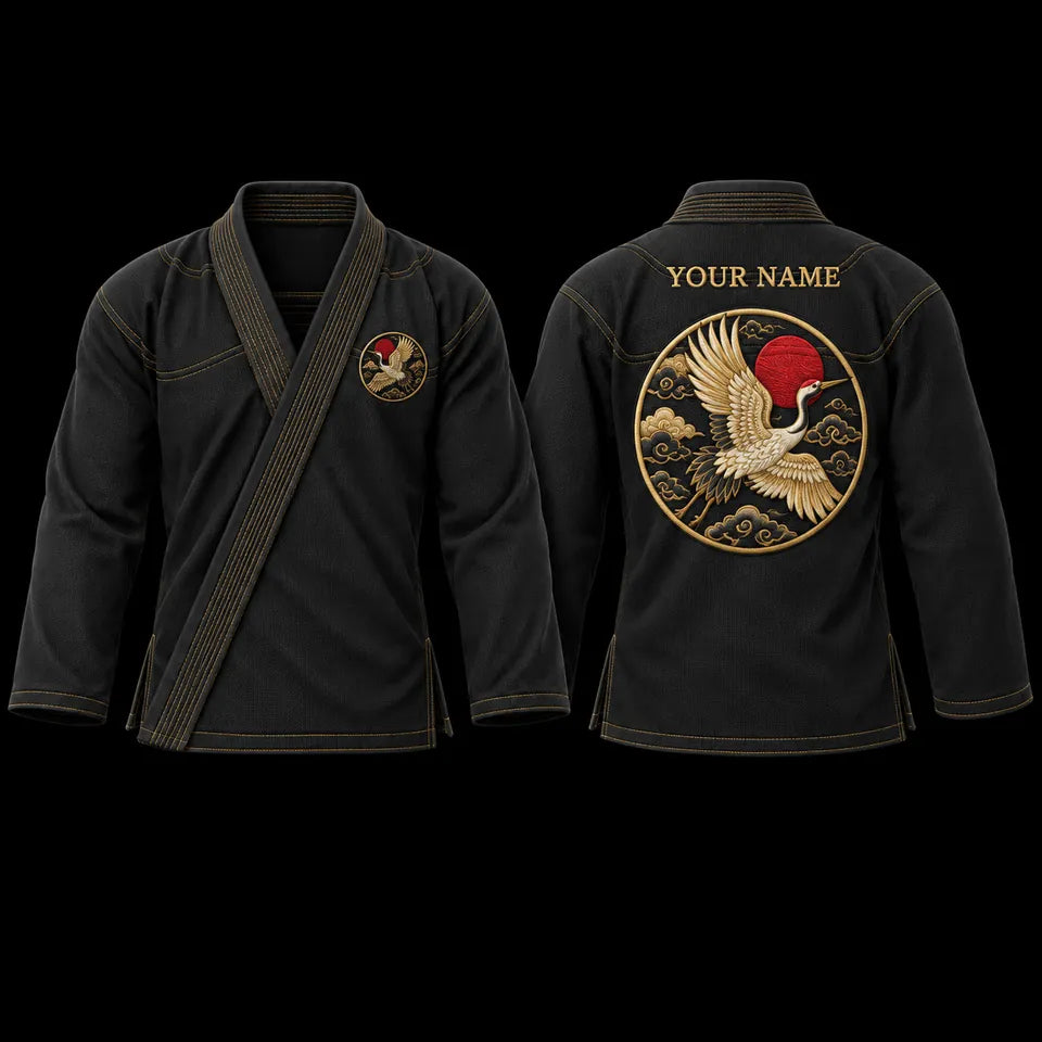 Premium jacket: Front view; black fabric, crane crest, crane with waves and peonies lining