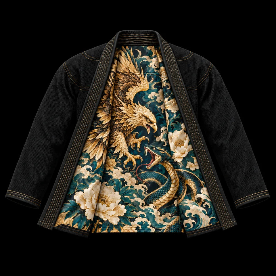 Premium Gi: Open jacket with printed inner lining; black fabric, eagle and serpent crest, eagle and serpent with waves and peonies lining