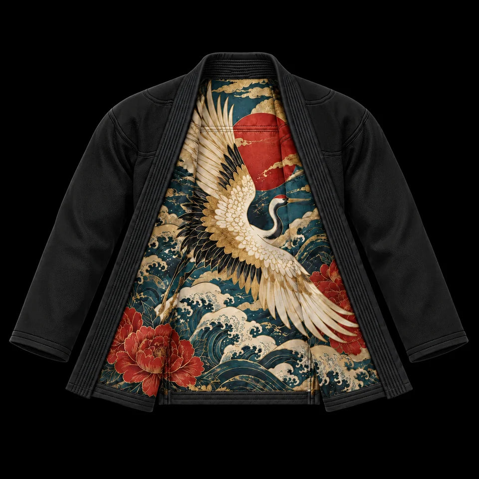 Premium jacket: Open jacket with printed inner lining; black fabric, crane crest, crane with waves and peonies lining