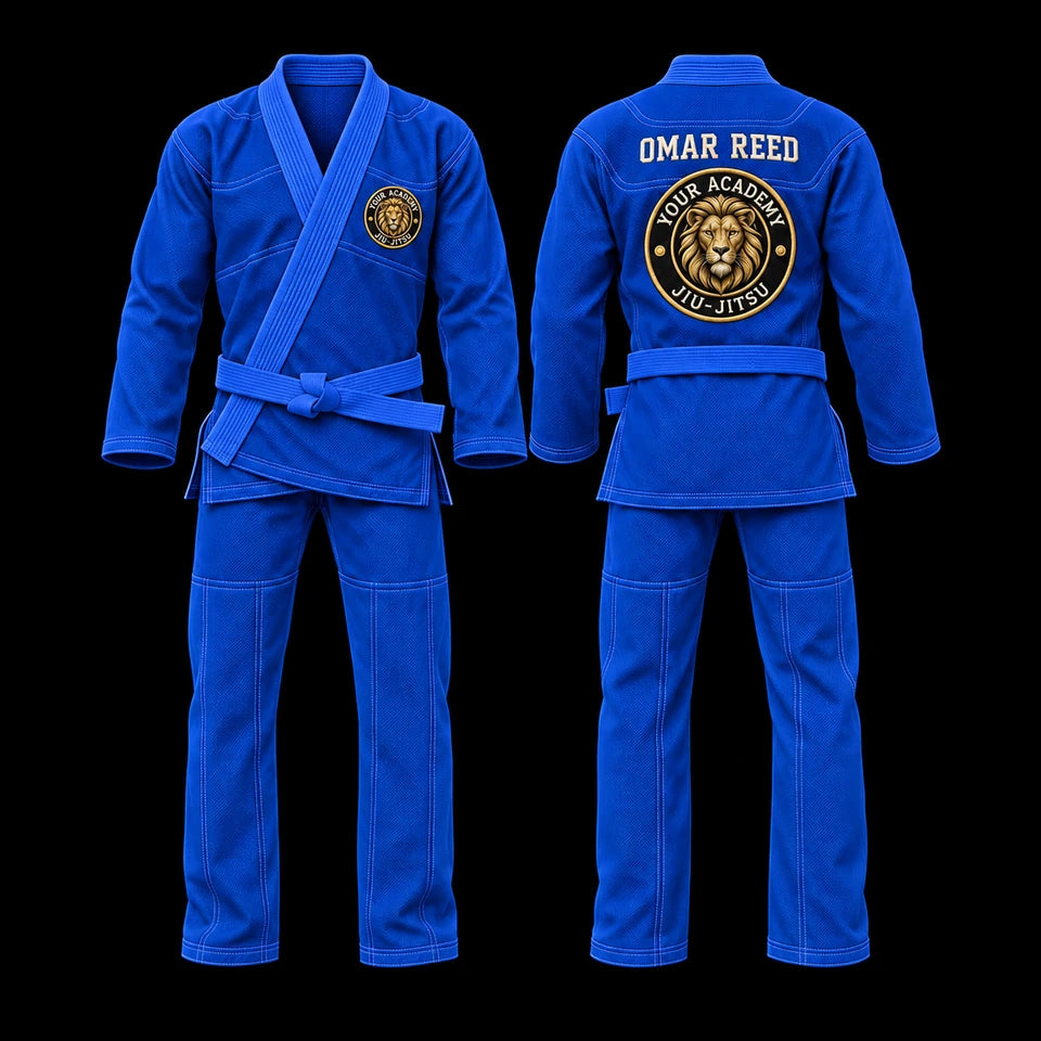 Premium Gi: Front view; blue fabric, lion roundel crest, lion portrait and gold geometric pattern lining