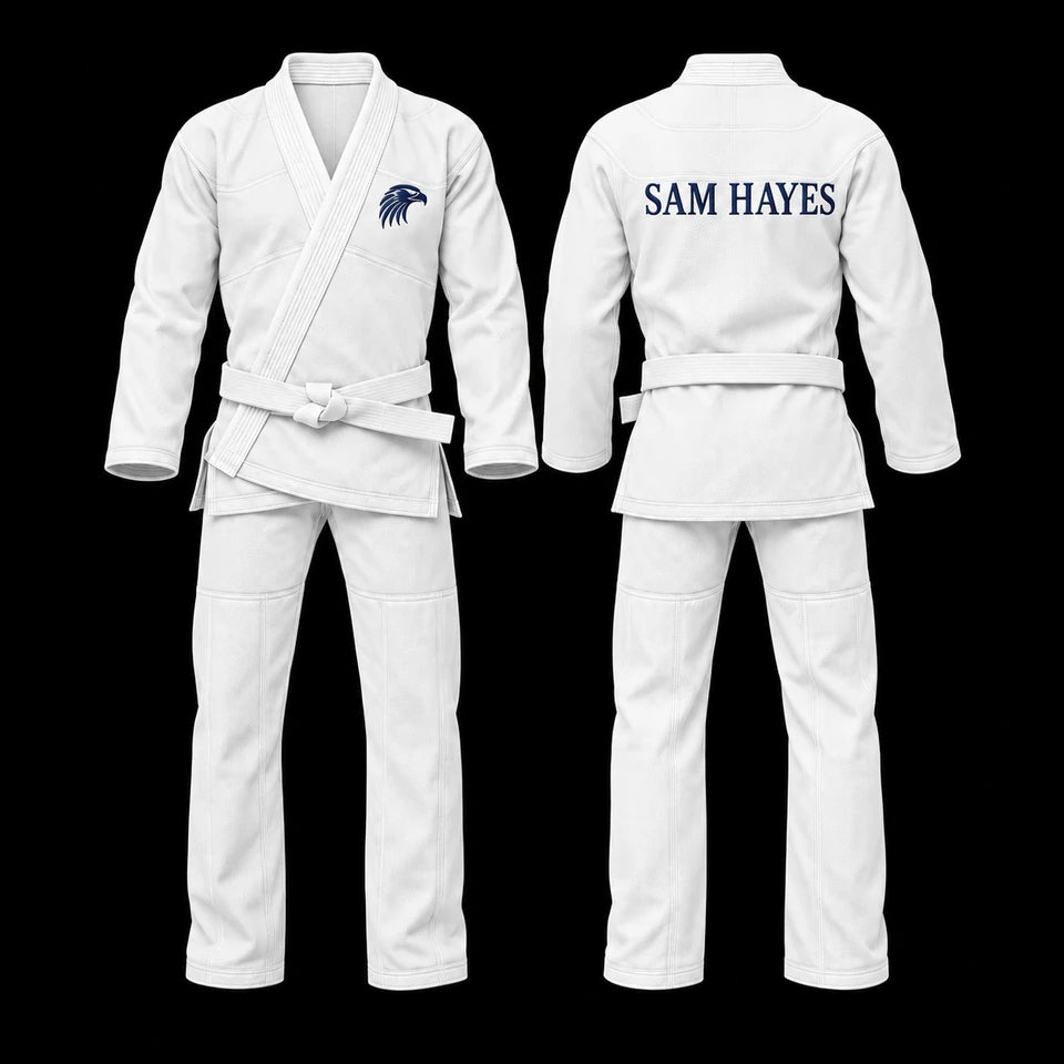 Premium Gi: Front view; white fabric, falcon crest, falcon above desert dunes lining