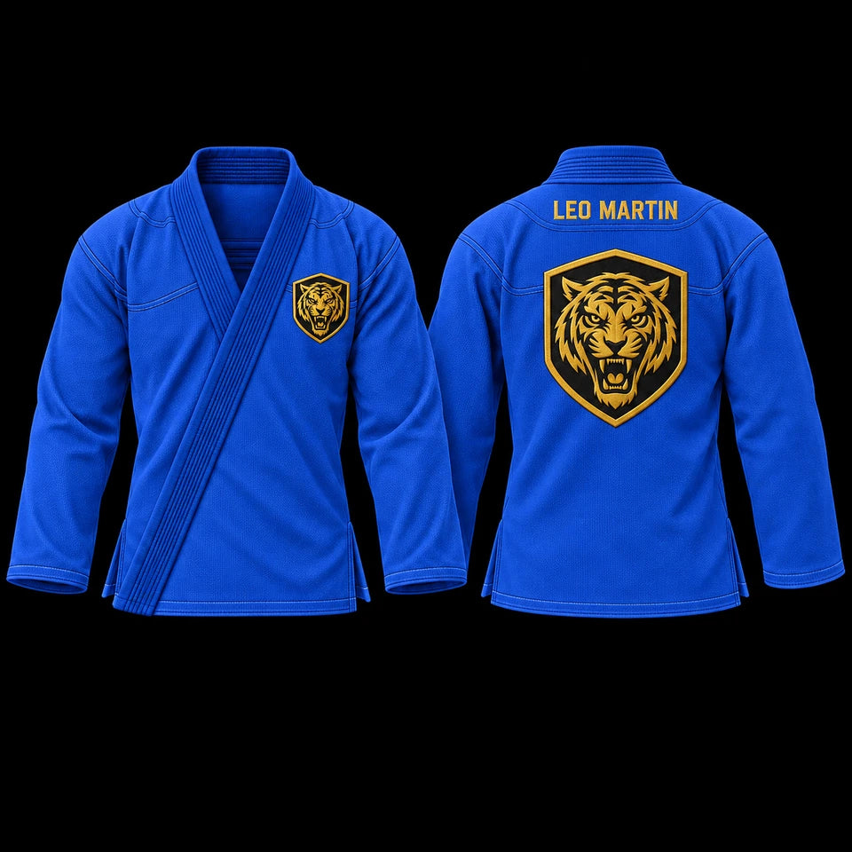Premium jacket: Front view; blue fabric, tiger shield crest, tiger in moonlit bamboo lining