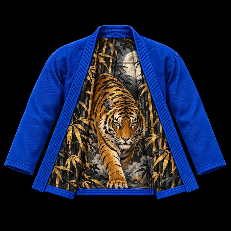 Premium jacket: Open jacket with printed inner lining; blue fabric, tiger shield crest, tiger in moonlit bamboo lining