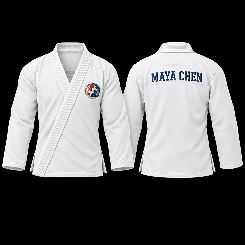 Premium jacket: Front view; white fabric, koi fish crest, koi swimming through indigo water lining