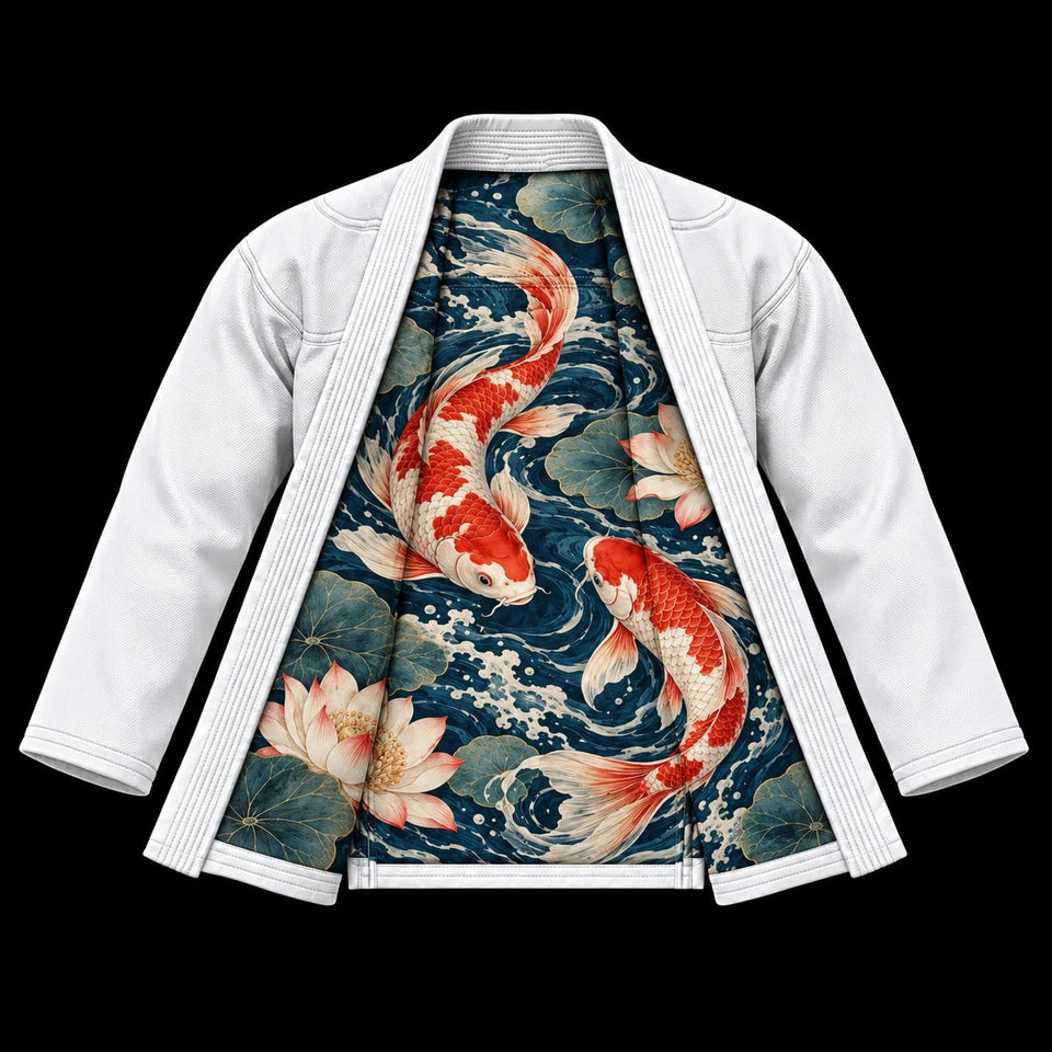 Premium jacket: Open jacket with printed inner lining; white fabric, koi fish crest, koi swimming through indigo water lining