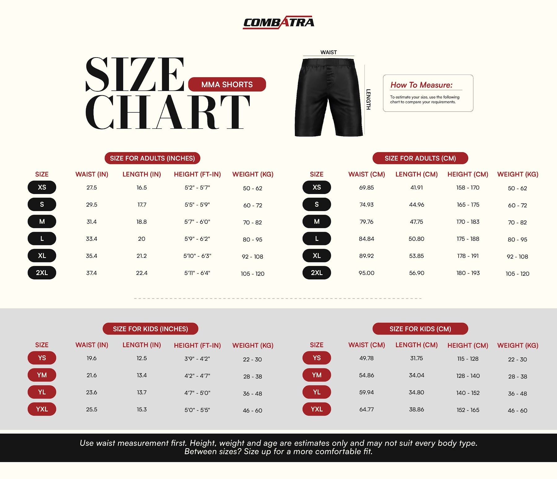 Combat Armor MMA Shorts | Combatra size chart