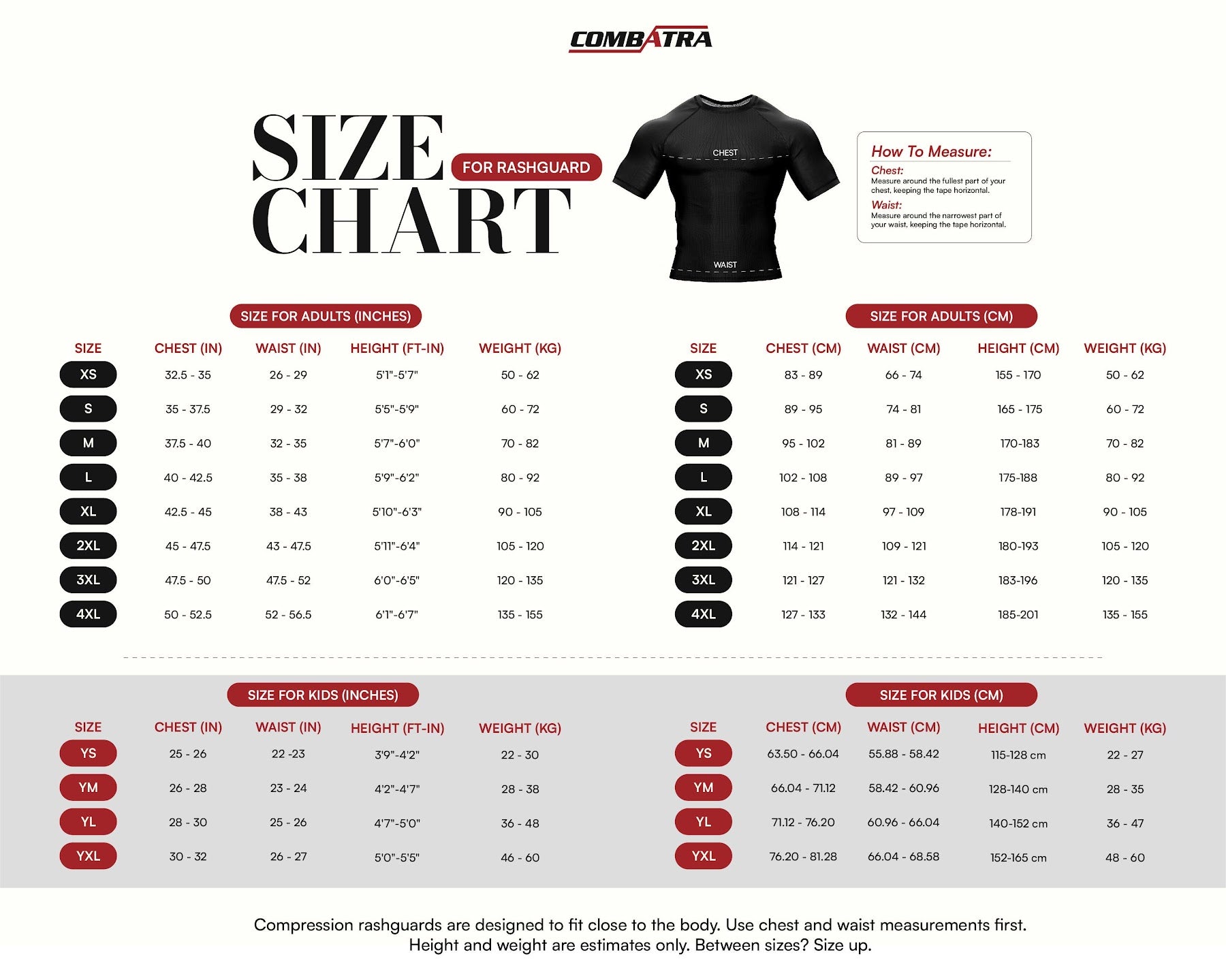 Black BJJ Rashguard – UPF 50+ | Combatra size chart
